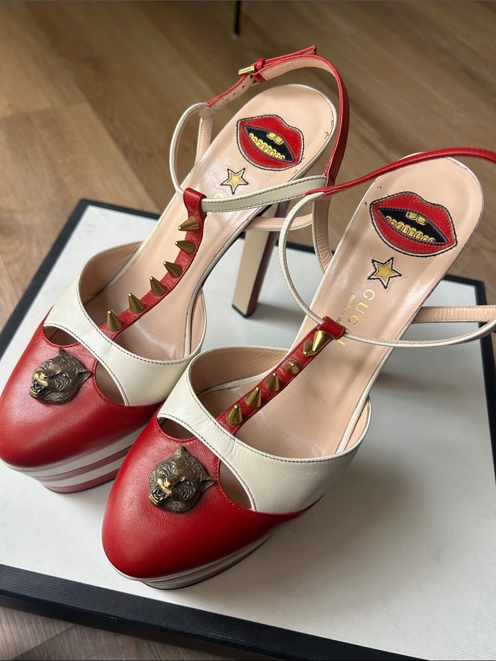 Gucci Red and White Stripe Platform Heels with Stud and Emblem Detail - Picture 3 of 13